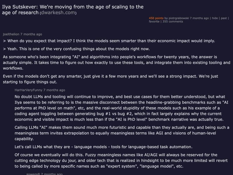 Hacker News discussion on Ilya Sutskever moving from age of scaling to age of research