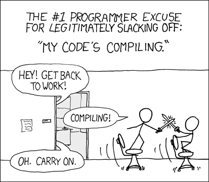 xkcd 303, Compiling: two programmers play while waiting for compilation to finish.
