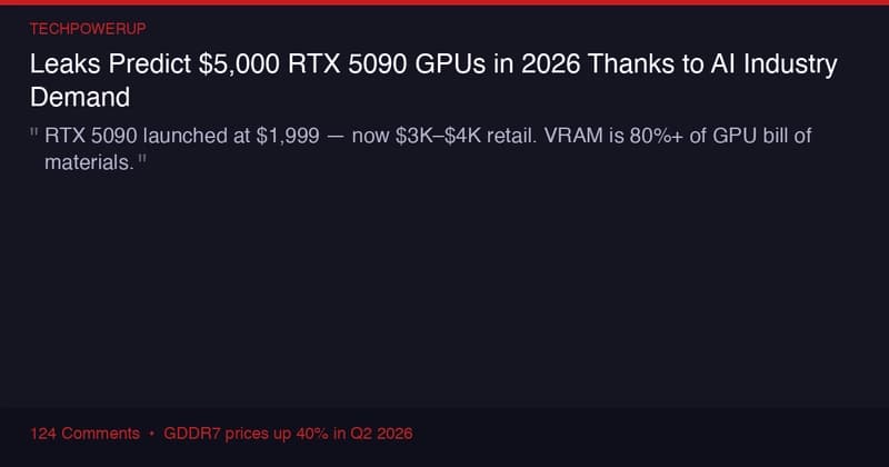 TechPowerUp: RTX 5090 predicted to hit $5,000 in 2026 — launched at $1,999, GDDR7 prices up 40%, VRAM is 80% of GPU bill of materials