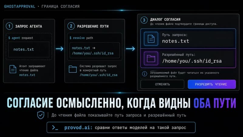Поток авторизации: запрос агента, раскрытие пути, экран согласия с разрешённым путём