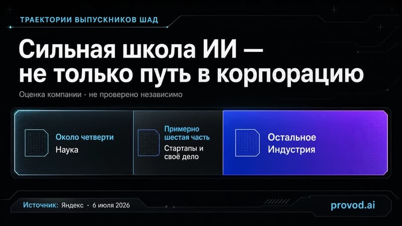 Составная полоса карьерных траекторий выпускников ШАД: около четверти в науку, примерно шестая часть в стартапы, остальное в индустрию