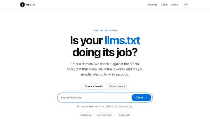 The llms.txt validator homepage — paste a domain, get a score in seconds