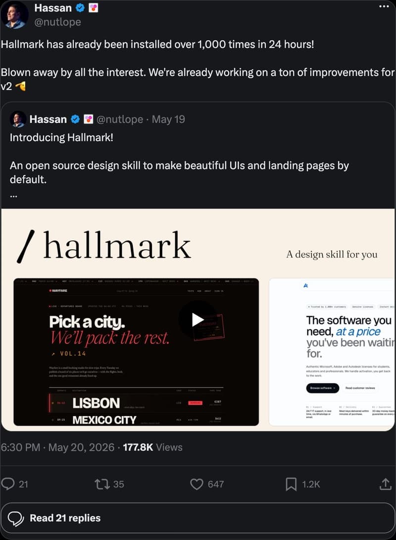 Hassan El Mghari on X -- Hallmark 1K installs in 24 hours