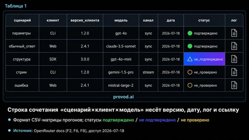 CSV-матрица сочетаний со статусами прогонов