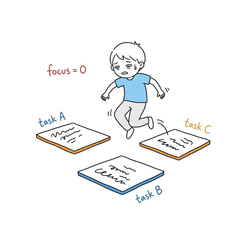 A boy jumping between three floating paper islands labelled task A, task B, task C, with a label reading focus = 0