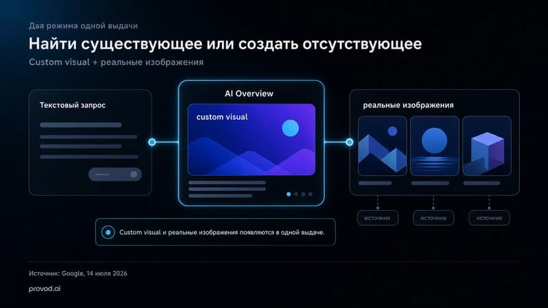 Схема: AI Overview создаёт visual и показывает подходящие реальные изображения