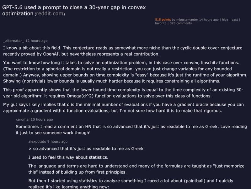 Hacker News discussion: GPT-5.6 used a prompt to close a 30-year gap in convex optimization — 513 points, 328 comments