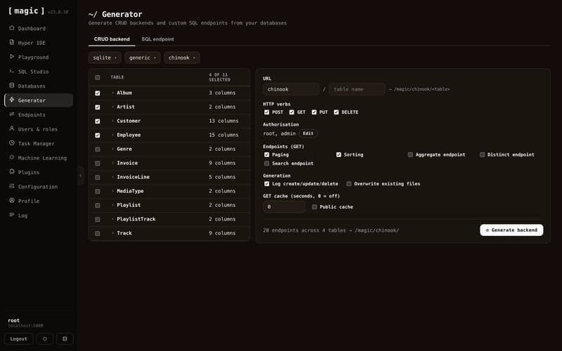 The Backend Generator — pick a database, tick tables, choose roles, and generate the CRUD API from the dashboard