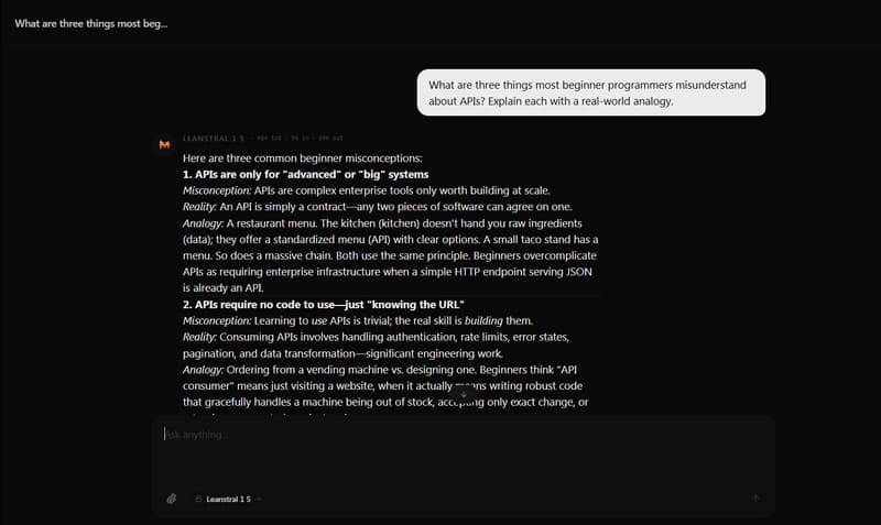 AutarkChat chat workspace showing a conversation with an AI model and developer-focused interface