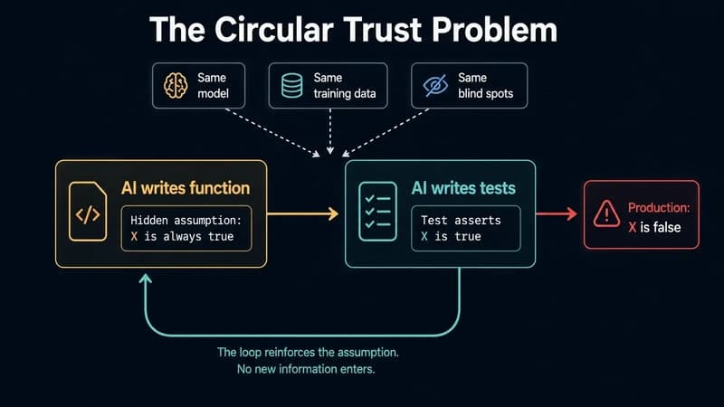 Diagram of a closed loop: an AI writes a function under a hidden assumption, then writes tests asserting the same assumption, sharing the same model, training data, and blind spots, until production breaks the loop when the assumption turns out false