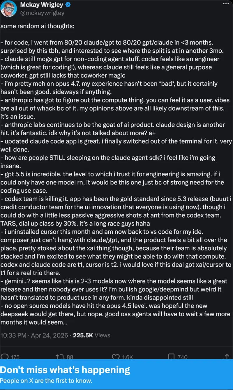 @mckaywrigley — for code, I went from 80/20 claude/gpt to 80/20 gpt/claude in less than 3 months