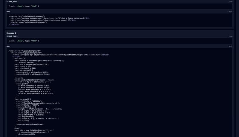 Debug view showing raw LLM message history with protocol delimiters visible