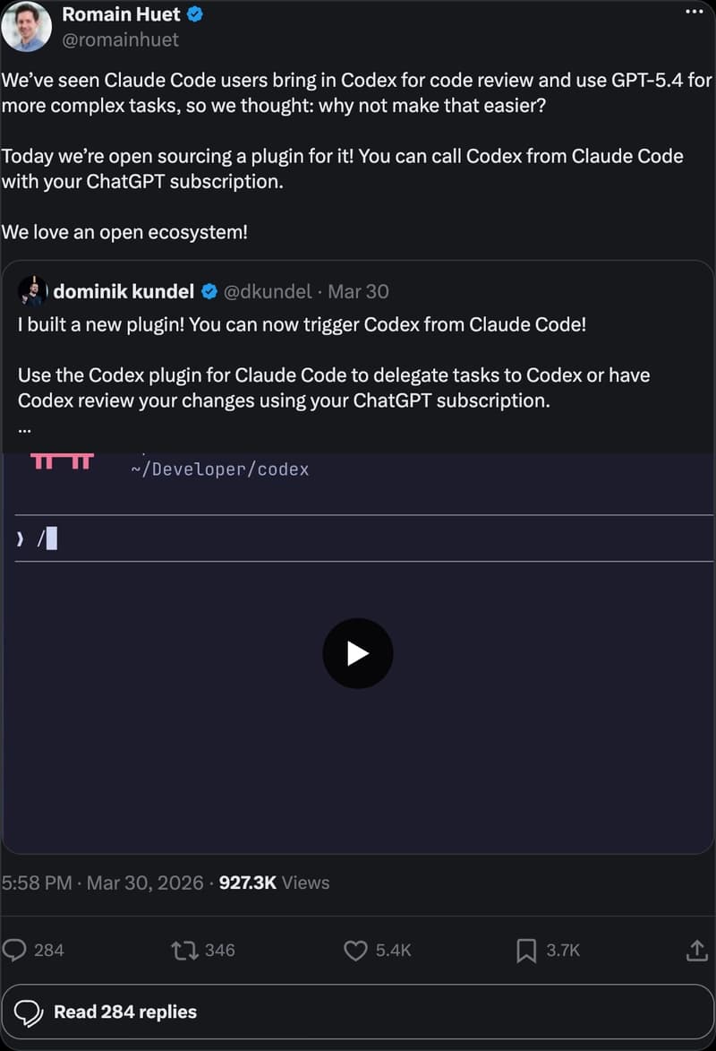 @romainhuet (OpenAI) — We've seen Claude Code users bring in Codex for code review, so we open sourced a plugin for it