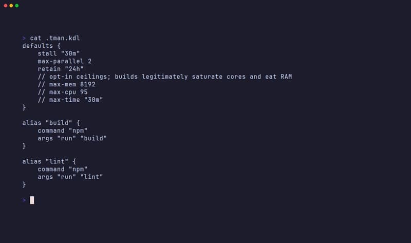 The generated .tman.kdl: a defaults block and one alias per detected npm script