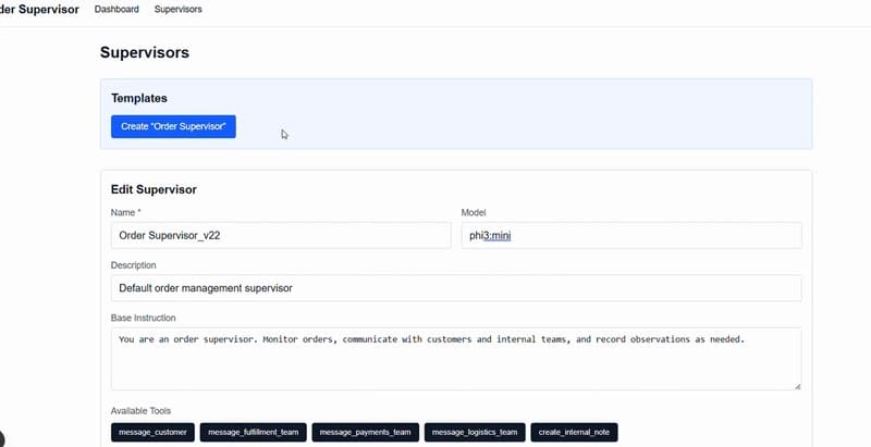 The supervisor configuration with its model, base instruction, and available actions.
