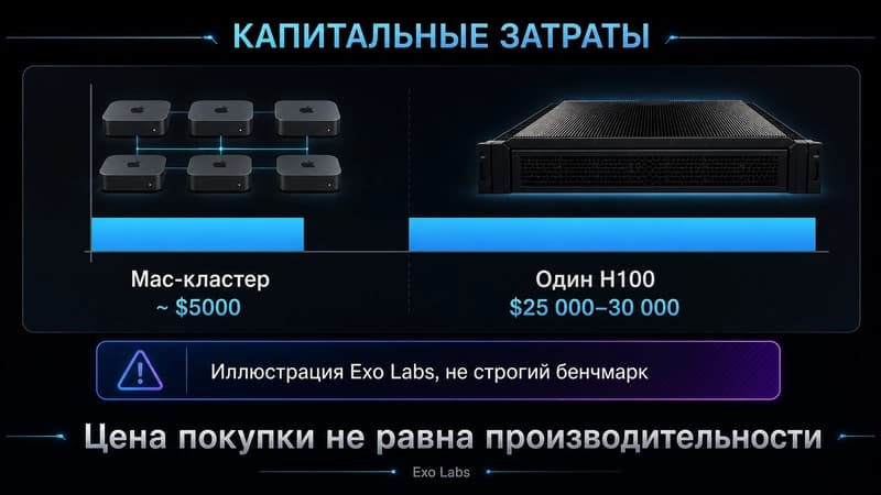 Сопоставление стоимости Mac-кластера и одной H100 по данным Exo Labs
