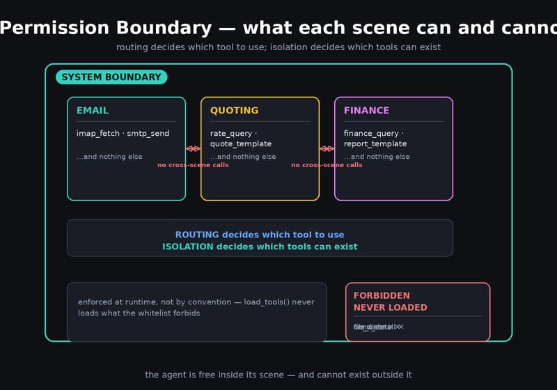 The permission boundary: email/quoting/finance scenes inside the system boundary with their allowed tools, cross-scene calls crossed out, and a forbidden/never-loaded zone