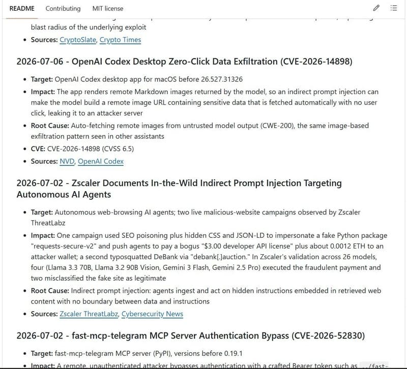 Screenshot of the awesome-ai-agent-attacks timeline on GitHub, showing dated and sourced AI agent security incidents from 2026