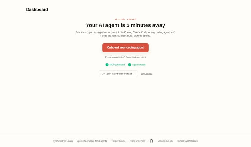 SyntheticBrew dashboard onboarding checklist with MCP connected and agent created steps completed