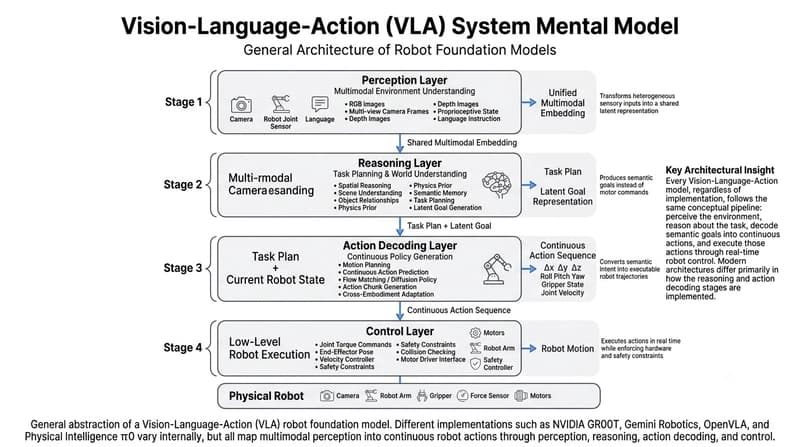 High-level Vision-Language-Action pipeline showing perception, reasoning, action decoding, and robot control