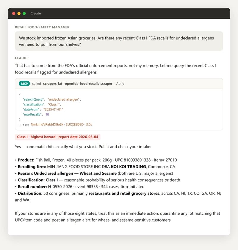 Claude calling the food-recall tool and answering with live FDA enforcement data