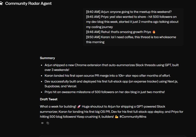 Agent response with summary and draft tweet