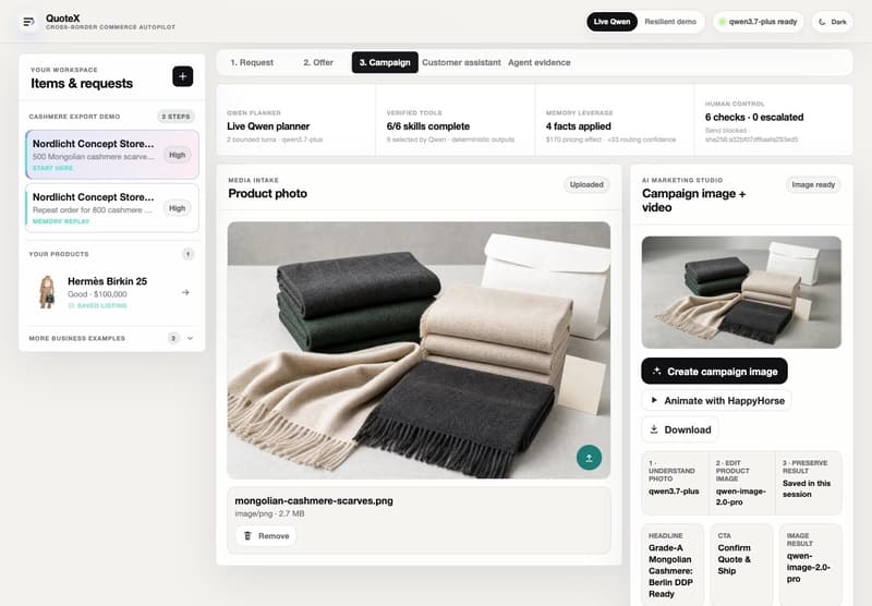 QuoteX campaign workspace showing an uploaded product photo and the Qwen-generated commercial edit