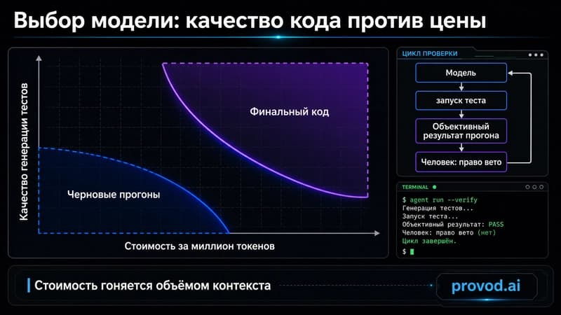 Схема выбора модели: ось «качество генерации тестов» против «стоимость за объём», зоны под черновые прогоны и под финальный код