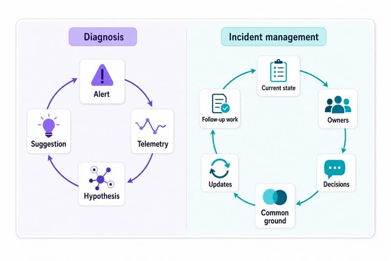Comparison matrix showing the difference between AI SRE diagnostics and AI incident management coordination work.
