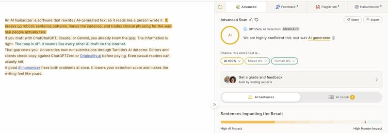 GPTZero showing the source passage as 100 percent AI