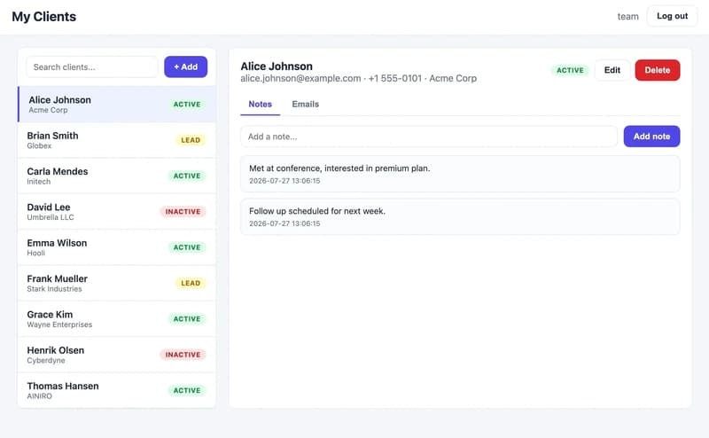 The client manager — search, status badges and per-client notes over generated CRUD endpoints