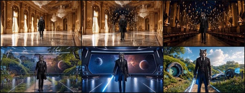 Six frames from the 14-second intro, showing the wolf Host walking through a ballroom, Hogwarts, the Shire, a starship, and a high-tech Shire mashup while staying the same character throughout.