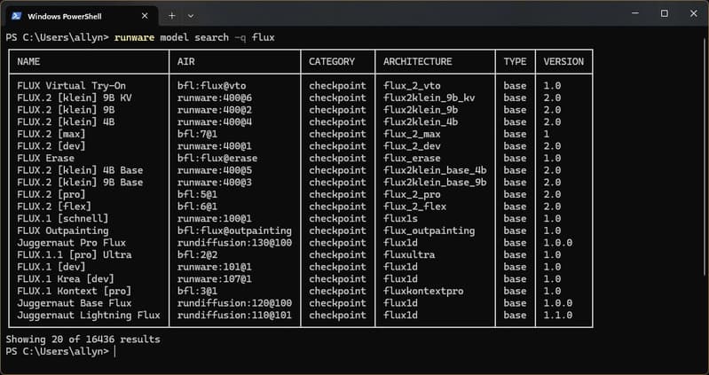 Model search output