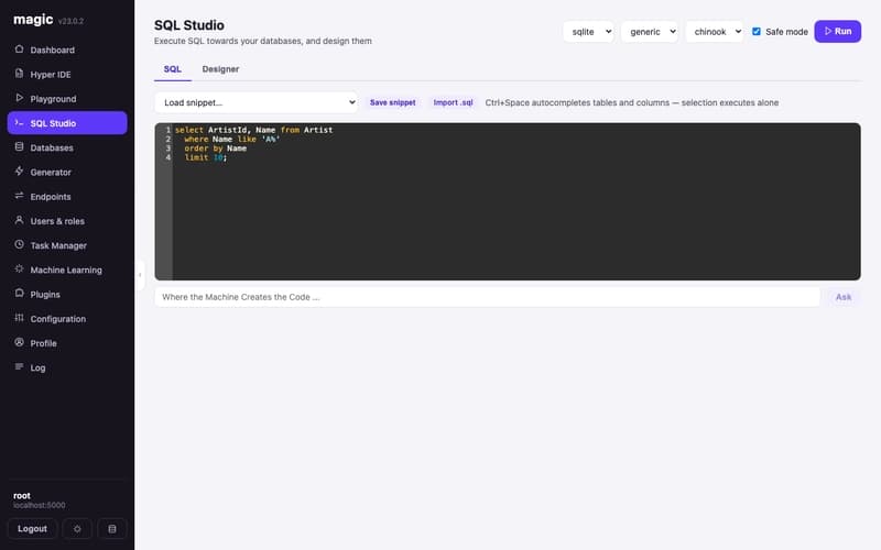 SQL Studio with a query written against the chinook database