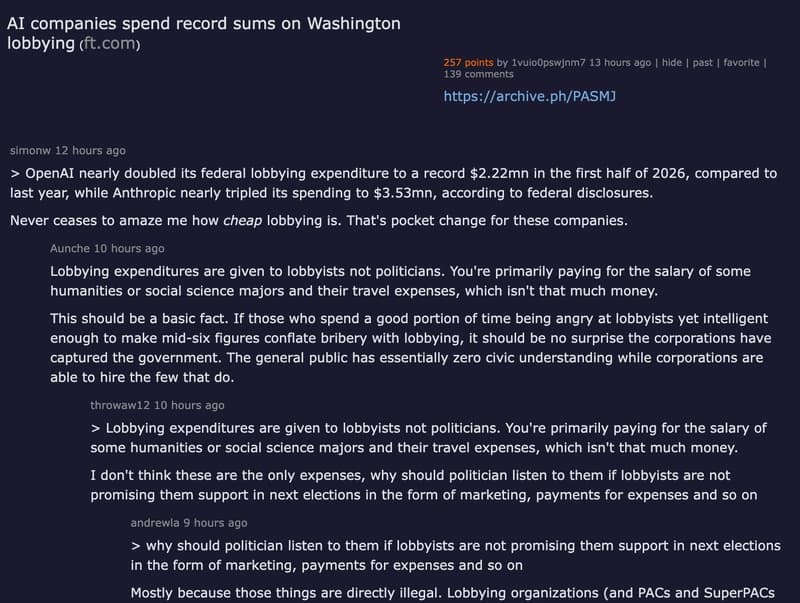 Hacker News thread: AI companies spend record sums on Washington lobbying