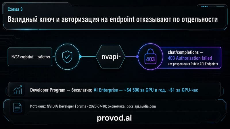 Dumbbell-сравнение одного ключа nvapi- с успехом на NVCF слева и отказом 403 на chat-completions справа.