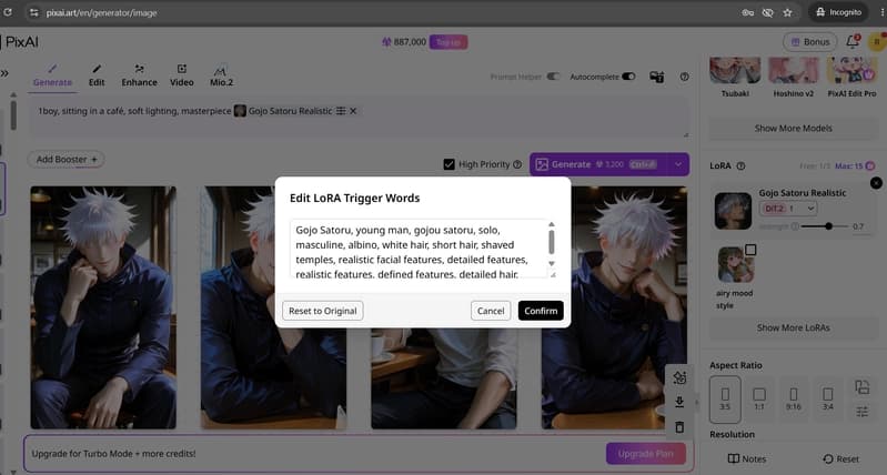 PixAI Edit LoRA Trigger Words dialog showing the creator's recommended tags