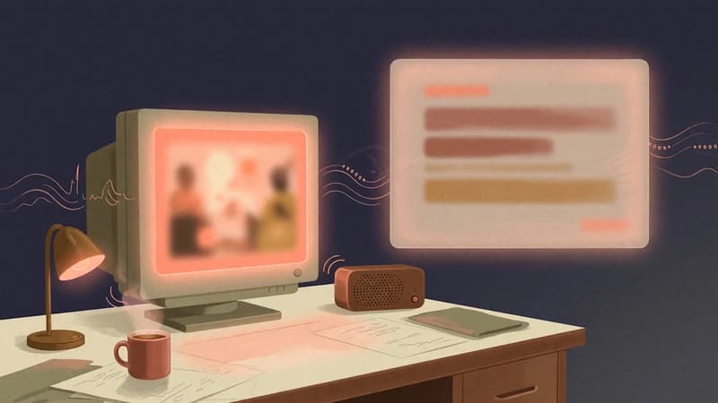 A dim desk, a mood shot of English video subtitle overlays being converted to Japanese in real-time