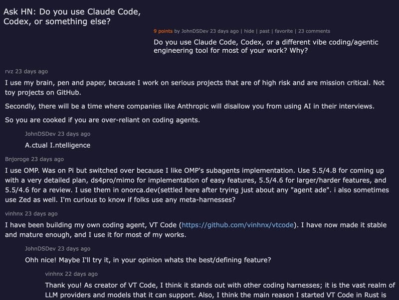 Hacker News discussion — Do you use Claude Code, Codex, or something else?