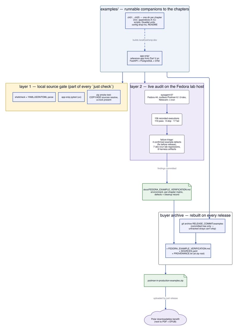 How the runnable examples are verified and shipped
