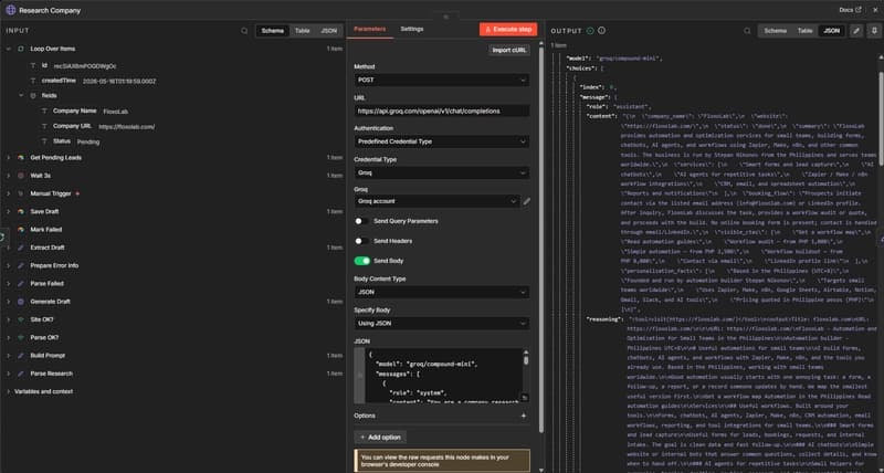 Research Company node showing Groq Compound Mini website research input and structured JSON output