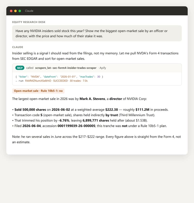 Claude calling the Form 4 tool and answering with live insider-transaction data