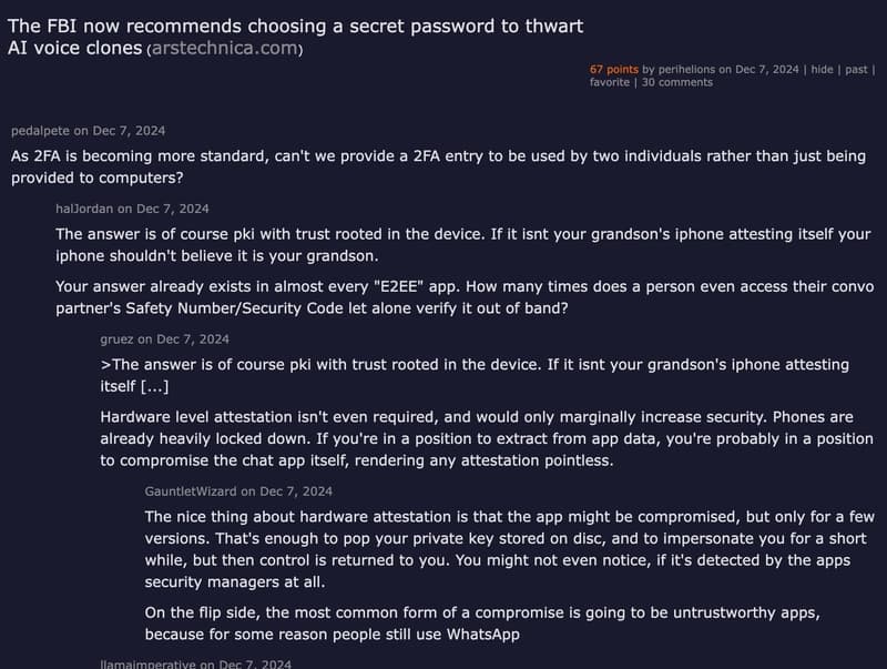 Hacker News discussion: The FBI now recommends choosing a secret password to thwart AI voice clones