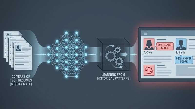 neural network visualization with resume documents flowing in, showing the system learning from historical hiring patterns