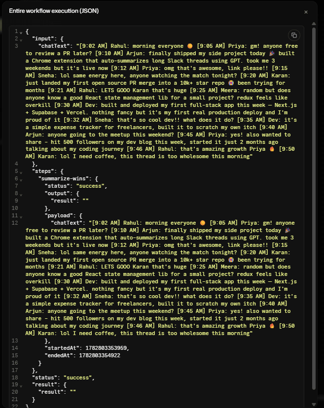 Workflow showing success status with empty output