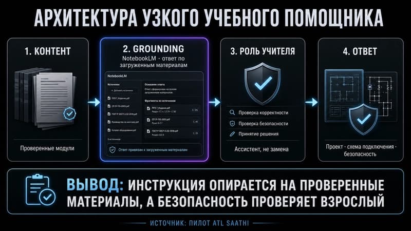 Схема архитектуры узкого учебного помощника: слой контента, слой grounding, слой роли учителя