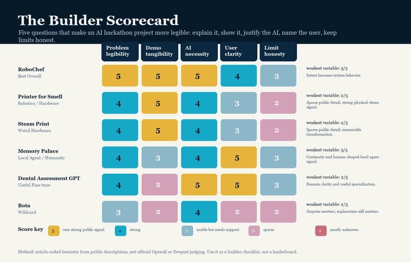 Wide technical cover image showing AI builders studying hackathon project signals across code, demos, and judging criteria