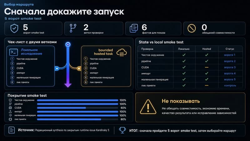 Карточка выбора между локальным smoke test и hosted-задачей