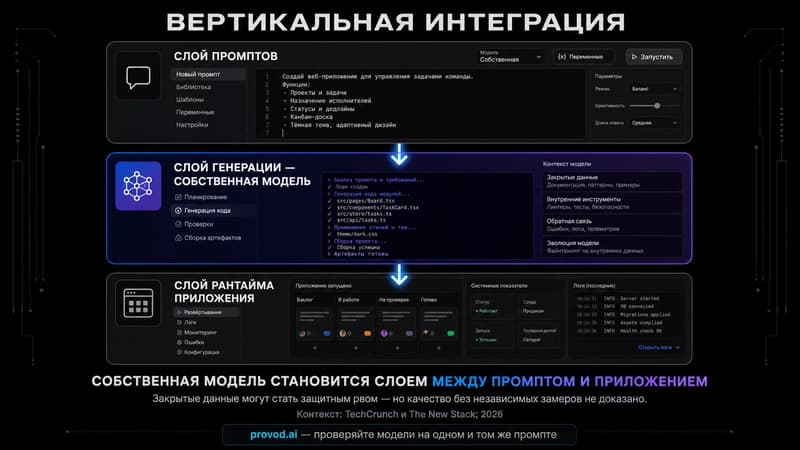 Схема вертикальной интеграции платформы вайб-кодинга: слой промптов, слой генерации на собственной модели, слой рантайма приложения