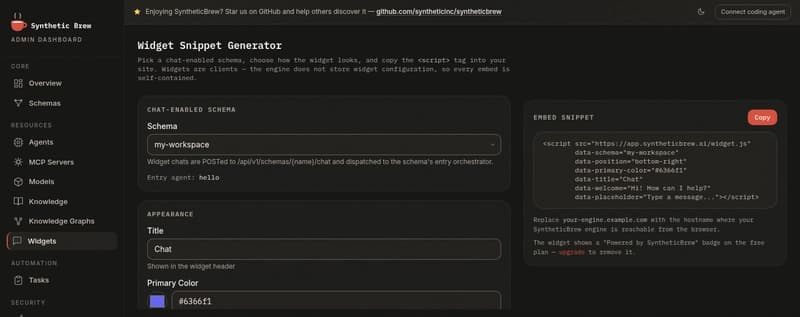 SyntheticBrew admin dashboard widget page showing the embeddable script snippet